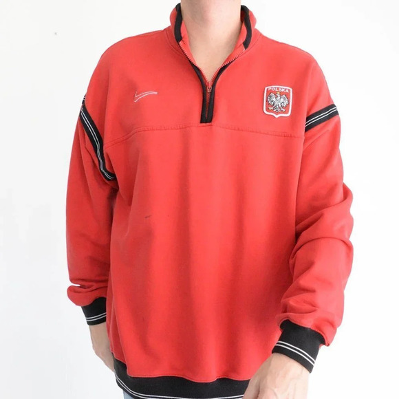 Vintage Nike Red Check Tag Red Quarter Zip made in U.S.A. "Polska" Logo Size XL - Picture 1 of 14